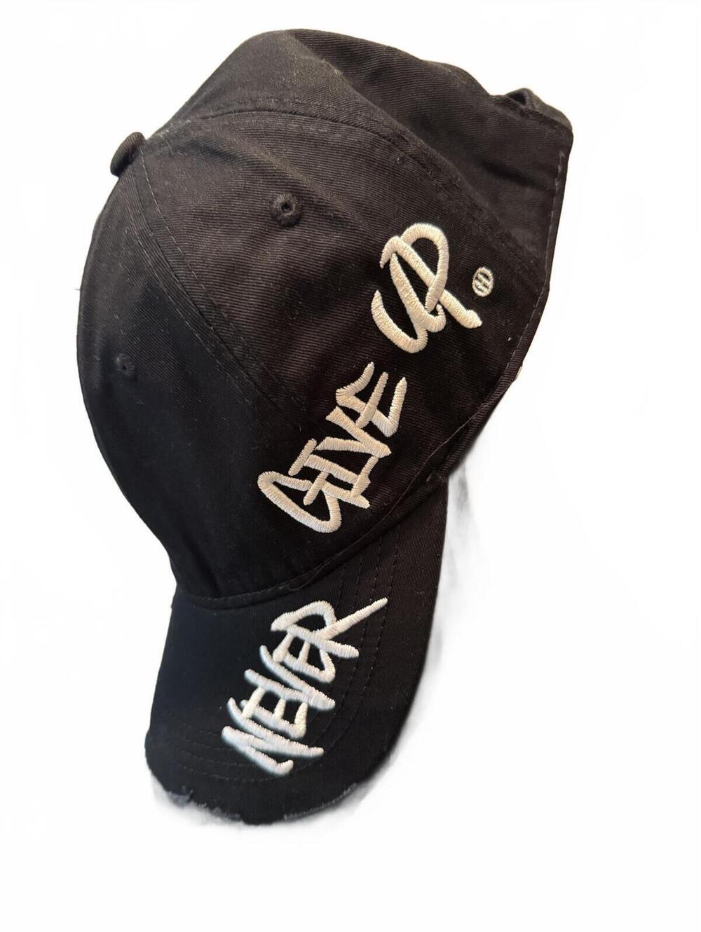 Black Baseball Cap Distressed with 'Never Give Up' Embroidery Brand New